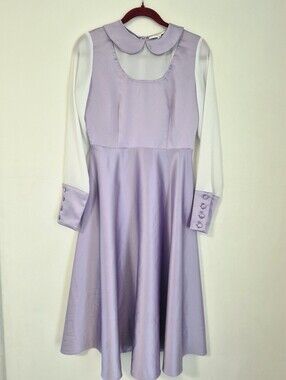 Vintage Lavender Midi Dress with White Long Sleeves and Peter Pan Collar